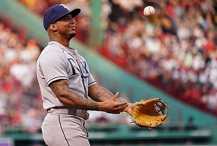 Jul 6, 2022; Boston, Massachusetts, USA; Tampa Bay Rays shortstop Wander Franco (5) reacts after a fielding error against the Boston Red Sox in the second inning at Fenway Park. Mandatory Credit: David Butler II-USA TODAY Sports