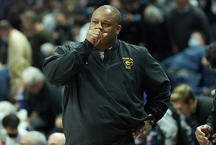 Dec 4, 2021; Storrs, Connecticut, USA; Grambling State Tigers head coach Donte  Jackson watches from the sideline as they take on the Connecticut Huskies in the first half at Harry A. Gampel Pavilion. Mandatory Credit: David Butler II-USA TODAY Sports