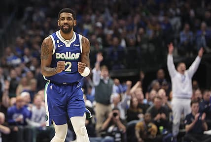 Feb 13, 2023; Dallas, Texas, USA;  Dallas Mavericks guard Kyrie Irving (2) reacts during the game against the Minnesota Timberwolves at American Airlines Center. Mandatory Credit: Kevin Jairaj-USA TODAY Sports