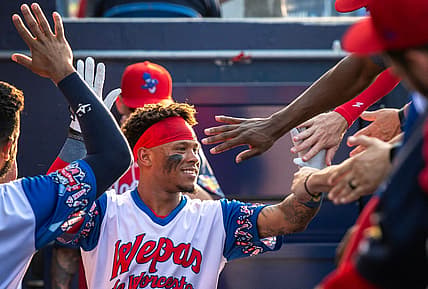 WORCESTER - Worcester   s Ceddanne Rafaela celebrates his lead-off home run against the Syracuse Mets Wednesday, July 5, 2023.