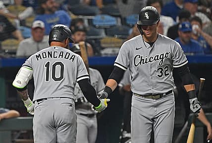 Sep 6, 2023; Kansas City, Missouri, USA;  Chicago White Sox third baseman Yoan Moncada (10) celebrates with first baseman Gavin Sheets (32) after hitting a solo home run in the sixth inning against the Kansas City Royals at Kauffman Stadium. Mandatory Credit: Peter Aiken-USA TODAY Sports