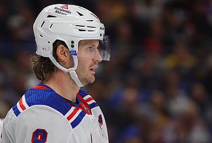 Oct 12, 2023; Buffalo, New York, USA;  New York Rangers defenseman Jacob Trouba (8) during the first period against the Buffalo Sabres at KeyBank Center. Mandatory Credit: Timothy T. Ludwig-USA TODAY Sports