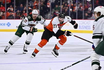 Oct 26, 2023; Philadelphia, Pennsylvania, USA; Philadelphia Flyers left wing Noah Cates (27) chases the puck against the Minnesota Wild in the first period at Wells Fargo Center. Mandatory Credit: Kyle Ross-USA TODAY Sports