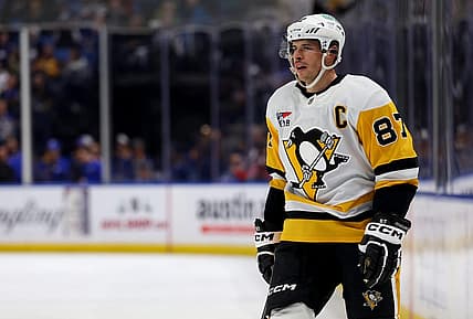 Nov 24, 2023; Buffalo, New York, USA;  Pittsburgh Penguins center Sidney Crosby (87) during a stoppage in play against the Buffalo Sabres in the third period at KeyBank Center. Mandatory Credit: Timothy T. Ludwig-USA TODAY Sports