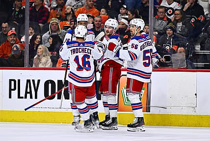Feb 24, 2024; Philadelphia, Pennsylvania, USA; New York Rangers left wing Alexis Lafreniere (13) celebrates with teammates after scoring a goal against the Philadelphia Flyers in the second period at Wells Fargo Center. Mandatory Credit: Kyle Ross-USA TODAY Sports