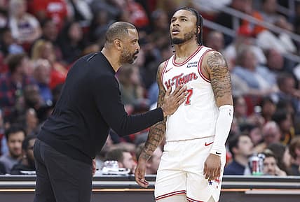 Feb 23, 2024; Houston, Texas, USA; Houston Rockets head coach Ime Udoka talks with forward Cam Whitmore (7) during the third quarter against the Phoenix Suns at Toyota Center. Mandatory Credit: Troy Taormina-USA TODAY Sports