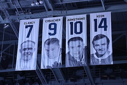 Nov 25, 2017; Toronto, Ontario, CAN; The honored numbers of former Toronto Maple Leafs players King Clancy (7) and Charlie Conacher (9) and George Armstrong (10) and Dave Keon (14) hang from the rafters before the start of the game against the Washington Capitals at Air Canada Centre. The Capitals beat the Maple Leafs 4-2. Mandatory Credit: Tom Szczerbowski-USA TODAY Sports