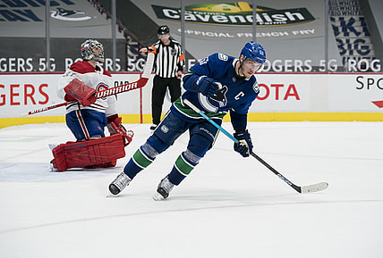 Jan 20, 2021; Vancouver, British Columbia, CAN; Vancouver Canucks forward Bo Horvat (53) scores on Montreal Canadiens goalie Carey Price (31) in the shootout during a game at Rogers Arena. Vancouver won in a shootout after overtime ended tied 5-5.  Mandatory Credit: Bob Frid-USA TODAY Sports