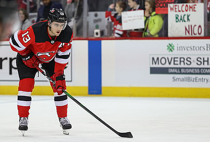 Feb 16, 2020; Newark, New Jersey, USA; New Jersey Devils center Nico Hischier (13) looks on during warmups before the start of their game against the Columbus Blue Jackets at Prudential Center. Mandatory Credit: Ed Mulholland-USA TODAY Sports