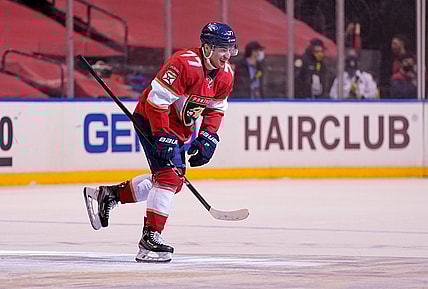 Feb 25, 2021; Sunrise, Florida, USA; Florida Panthers center Frank Vatrano (77) celebrates after scoring a goal against the Dallas Stars during the third period at BB&T Center. Mandatory Credit: Jasen Vinlove-USA TODAY Sports