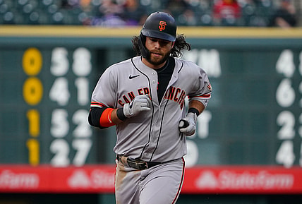 May 4, 2021; Denver, Colorado, USA; San Francisco Giants shortstop Brandon Crawford (35) runs off his two run home run in the sixth inning against the Colorado Rockies at Coors Field. Mandatory Credit: Ron Chenoy-USA TODAY Sports