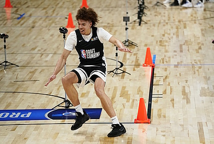 Jun 23, 2021; Chicago, Illinois, USA; Ohio's Jason Preston participates during the NBA Draft Combine at Wintrust Arena.Mandatory Credit: David Banks-USA TODAY Sports