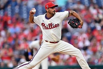 Jul 3, 2021; Philadelphia, Pennsylvania, USA; Philadelphia Phillies starting pitcher Zach Eflin (56) throws a pitch in the first inning against the San Diego Padres at Citizens Bank Park. Mandatory Credit: Kyle Ross-USA TODAY Sports