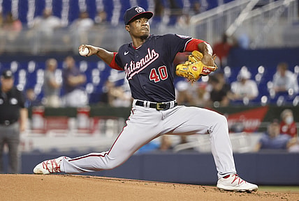 Aug 25, 2021; Miami, Florida, USA;  Washington Nationals starting pitcher Josiah Gray (40) delivers a pitch during the first inning against the Miami Marlins at loanDepot Park. Mandatory Credit: Rhona Wise-USA TODAY Sports