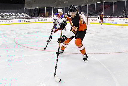 Feb 24, 2021; Philadelphia, Pennsylvania, USA; Philadelphia Flyers left wing Joel Farabee (86) controls the puck against the New York Rangers during the second period at Wells Fargo Center. Mandatory Credit: Eric Hartline-USA TODAY Sports