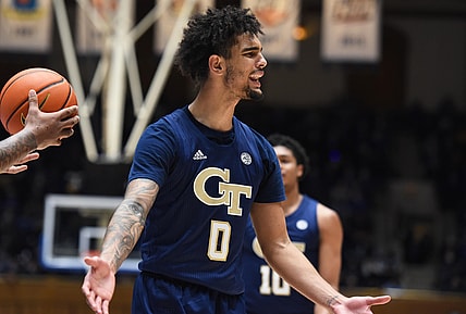 Jan 4, 2022; Durham, North Carolina, USA; Georgia Tech Yellow Jackets guard Michael Devoe (0) reacts to a call during the second half against the Duke Blue Devils at Cameron Indoor Stadium. Mandatory Credit: Rob Kinnan-USA TODAY Sports