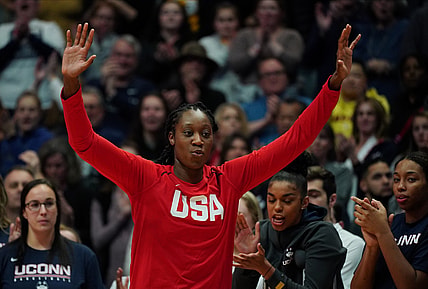 Jan 27, 2020; Hartford, Connecticut, USA; Former UConn Huskies player and 2020 USA Womens National Team center Tina Charles (14) is honored before the game against the UConn Huskies and 2020 USA Womens National Team at XL Center. Mandatory Credit: David Butler II-USA TODAY Sports