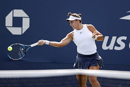 Aug 30, 2021; Flushing, NY, USA; Ana Konjuh of Croatia hits to Leylah Fernandez of Canada in a first round match on day one of the 2021 U.S. Open tennis tournament at USTA Billie King National Tennis Center. Mandatory Credit: Jerry Lai-USA TODAY Sports