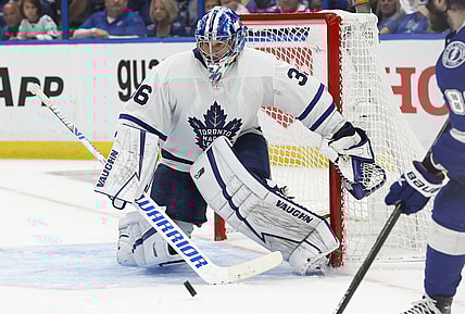 May 6, 2022; Tampa, Florida, USA; Toronto Maple Leafs goaltender Jack Campbell (36) defends the puck against the Tampa Bay Lightning during the third period of game three of the first round of the 2022 Stanley Cup Playoffs against the Tampa Bay Lightning at Amalie Arena. Mandatory Credit: Kim Klement-USA TODAY Sports