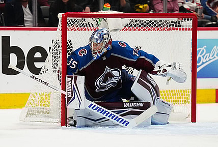 May 31, 2022; Denver, Colorado, USA; Colorado Avalanche goaltender Darcy Kuemper (35) defends the net against the Edmonton Oilers in the first period in game one of the Western Conference Final of the 2022 Stanley Cup Playoffs at Ball Arena. Mandatory Credit: Ron Chenoy-USA TODAY Sports