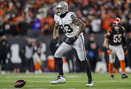 Jan 15, 2022; Cincinnati, Ohio, USA; Las Vegas Raiders tight end Darren Waller (83) reacts after moving the ball forward against the Cincinnati Bengals in the second half in an AFC Wild Card playoff football game at Paul Brown Stadium. Mandatory Credit: Katie Stratman-USA TODAY Sports