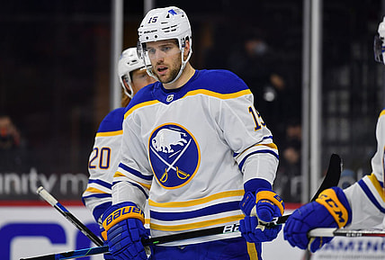 Apr 11, 2021; Philadelphia, Pennsylvania, USA; Buffalo Sabres winger Riley Sheahan (15) looks on in the second period against the Philadelphia Flyers at Wells Fargo Center. Mandatory Credit: Kyle Ross-USA TODAY Sports