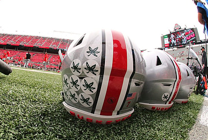 Sep 10, 2022; Columbus, Ohio, USA;  Ohio State Buckeyes helmets before the game against the Arkansas State Red Wolves at Ohio Stadium. Mandatory Credit: Joseph Maiorana-USA TODAY Sports