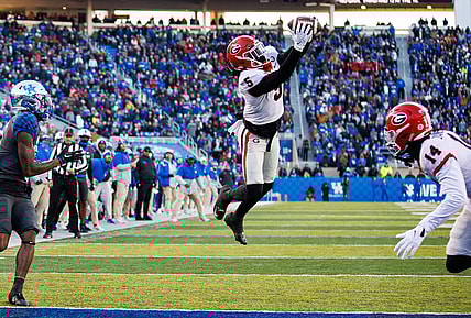 Nov 19, 2022; Lexington, Kentucky, USA; Georgia Bulldogs defensive back Kelee Ringo (5) intercepts a pass during the second quarter against the Kentucky Wildcats at Kroger Field. Mandatory Credit: Jordan Prather-USA TODAY Sports