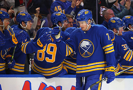 Apr 8, 2023; Buffalo, New York, USA;  Buffalo Sabres center Tage Thompson (72) celebrates his goal with teammates during the third period against the Carolina Hurricanes at KeyBank Center. Mandatory Credit: Timothy T. Ludwig-USA TODAY Sports