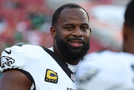 Sep 25, 2023; Tampa, Florida, USA;  Philadelphia Eagles defensive tackle Fletcher Cox (91) prior to the game against the Tampa Bay Buccaneers at Raymond James Stadium. Mandatory Credit: Kim Klement Neitzel-USA TODAY Sports