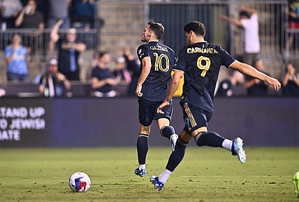 Oct 4, 2023; Philadelphia, Pennsylvania, USA; Philadelphia Union midfielder Deniel Gazdag (10) runs off the field after scoring a goal in the first half against the Atlanta United at Subaru Park. Mandatory Credit: Kyle Ross-USA TODAY Sports