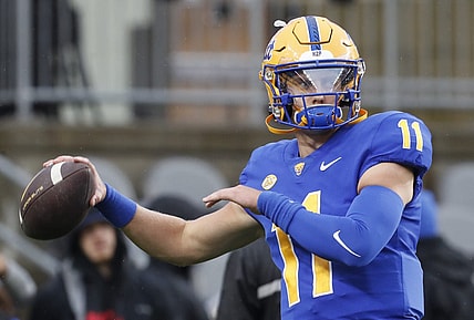 Oct 14, 2023; Pittsburgh, Pennsylvania, USA;  Pittsburgh Panthers quarterback Christian Veilleux (11) warms up before the game against the Louisville Cardinals at Acrisure Stadium. Mandatory Credit: Charles LeClaire-USA TODAY Sports