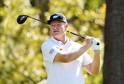 Ernie Els plays his tee shot on the third hole during round one of the Charles Schwab Cup Championship at the Phoenix Country Club on Nov. 9, 2023.