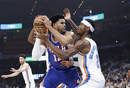 Nov 25, 2023; Oklahoma City, Oklahoma, USA; Oklahoma City Thunder guard Shai Gilgeous-Alexander (2) defends a drive by Philadelphia 76ers forward Tobias Harris (12) during the first quarter at Paycom Center. Mandatory Credit: Alonzo Adams-USA TODAY Sports