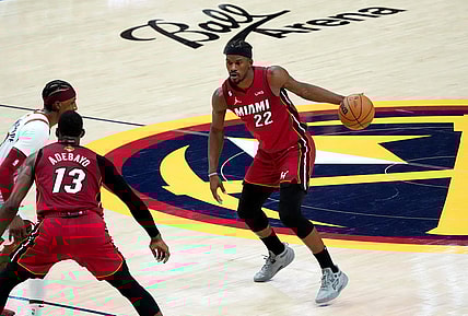 Jun 12, 2023; Denver, Colorado, USA; Miami Heat forward Jimmy Butler (22) dribbles during the fourth quarter of game five of the 2023 NBA Finals against the Denver Nuggets at Ball Arena. Mandatory Credit: Ron Chenoy-USA TODAY Sports