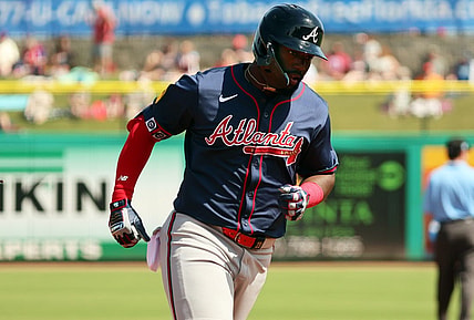 Feb 28, 2024; Clearwater, Florida, USA; Atlanta Braves center fielder Michael Harris II (23) hits a home run during the third inning against the Philadelphia Phillies at BayCare Ballpark. Mandatory Credit: Kim Klement Neitzel-USA TODAY Sports