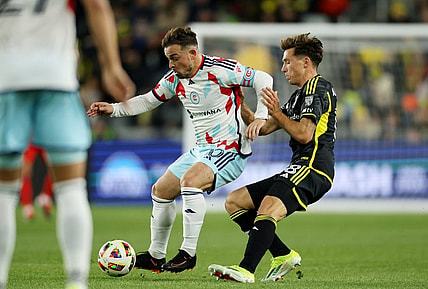 Mar 9, 2024; Columbus, Ohio, USA; Chicago Fire FC midfielder Xherdan Shaqiri (10) controls the ball as Columbus Crew defender Malte Amundsen (18) defends in the first half at Lower.com Field. Mandatory Credit: Trevor Ruszkowski-USA TODAY Sports