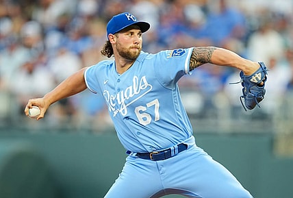Sep 30, 2023; Kansas City, Missouri, USA; Kansas City Royals starting pitcher Alec Marsh (67) pitches during the second inning against the New York Yankees at Kauffman Stadium. Mandatory Credit: Jay Biggerstaff-USA TODAY Sports