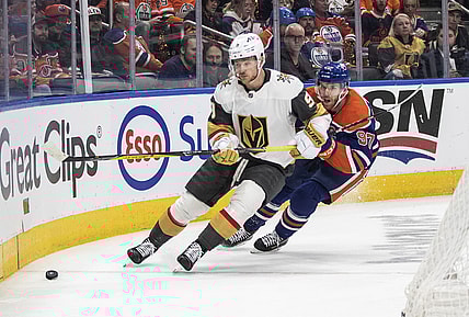 Vegas Golden Knights Jack Eichel (9) is chased by Edmonton Oilers' Connor McDavid (97) during the first period of Game 4 of an NHL hockey second-round playoff series Wednesday, May 10, 2023, in Edmonton, Alberta. (Jason Franson/The Canadian Press via AP)