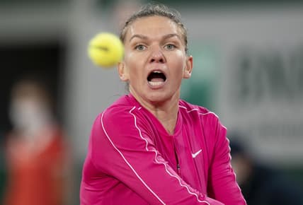 Oct 4, 2020; Paris, France; Simona Halep (ROU) in action during her match against Iga Swiatek (POL) on day eight at Stade Roland Garros. Mandatory Credit: Susan Mullane-USA TODAY Sports