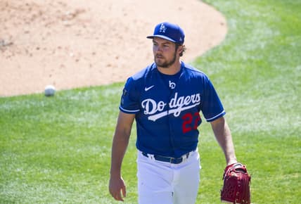 Mar 6, 2021; Glendale, Arizona, USA; Los Angeles Dodgers pitcher Trevor Bauer against the San Diego Padres during a Spring Training game at Camelback Ranch Glendale. Mandatory Credit: Mark J. Rebilas-USA TODAY Sports