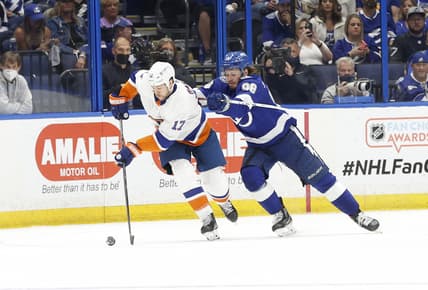 Jun 13, 2021; Tampa, Florida, USA; New York Islanders left wing Matt Martin (17) skates with the puck as Tampa Bay Lightning defenseman Mikhail Sergachev (98) defends during the third period in game one of the 2021 Stanley Cup Semifinals at Amalie Arena. Mandatory Credit: Kim Klement-USA TODAY Sports