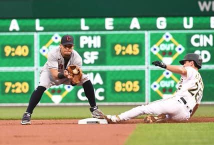 Jun 18, 2021; Pittsburgh, Pennsylvania, USA;  Pittsburgh Pirates base runner Adam Frazier (26) slides safely into second as the Cleveland Indians Cesar Hernandez (left) catches the ball at PNC Park. Mandatory Credit: Philip G. Pavely-USA TODAY Sports