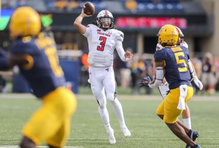 Oct 2, 2021; Morgantown, West Virginia, USA; Texas Tech Red Raiders quarterback Henry Colombi (3) throws a pass during the second quarter against the West Virginia Mountaineers at Mountaineer Field at Milan Puskar Stadium. Mandatory Credit: Ben Queen-USA TODAY Sports