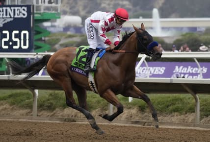 Nov 5, 2021; Del Mar, CA, USA;  Corniche finishes in first place in the Breeders    Cup Juvenile race during the Breeders    Cup World Championships at Del Mar Race track. Mandatory Credit: Ray Acevedo-USA TODAY Sports