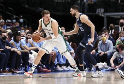 Jan 23, 2022; Dallas, Texas, USA;  Dallas Mavericks guard Luka Doncic (77) controls the ball as Memphis Grizzlies forward Killian Tillie (35) defends during the first half at American Airlines Center. Mandatory Credit: Kevin Jairaj-USA TODAY Sports