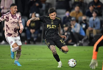 Mar 6, 2022; Los Angeles, California, USA;  Portland Timbers midfielder Marvin Loria (44) looks on as Los Angeles FC midfielder Brian Rodriguez (17) passes the ball to Los Angeles FC defender Mamadou Fall (5) for a goal in stoppage time at Banc of California Stadium. Mandatory Credit: Jayne Kamin-Oncea-USA TODAY Sports