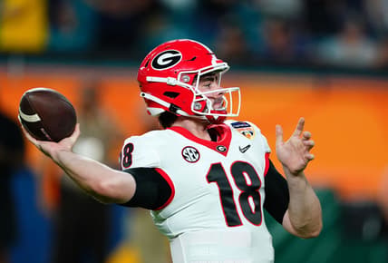 Dec 31, 2021; Miami Gardens, FL, USA; Georgia Bulldogs quarterback JT Daniels (18) warms up prior to the Orange Bowl college football CFP national semifinal game against the Michigan Wolverines at Hard Rock Stadium. Mandatory Credit: John David Mercer-USA TODAY Sports