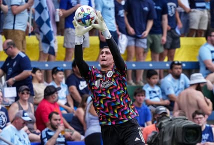 Jun 12, 2022; Kansas City, Kansas, USA; New England Revolution goalkeeper Djordje Petrovic (99) warms up before the match against Sporting Kansas City at Children's Mercy Park. Mandatory Credit: Jay Biggerstaff-USA TODAY Sports