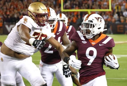 Sep 10, 2022; Blacksburg, Virginia, USA;  Boston College Eagles offensive lineman Kevin Cline (79) closes in on Virginia Tech Hokies defensive back Armani Chatman (9) during the first quarter at Lane Stadium. Mandatory Credit: Reinhold Matay-USA TODAY Sports